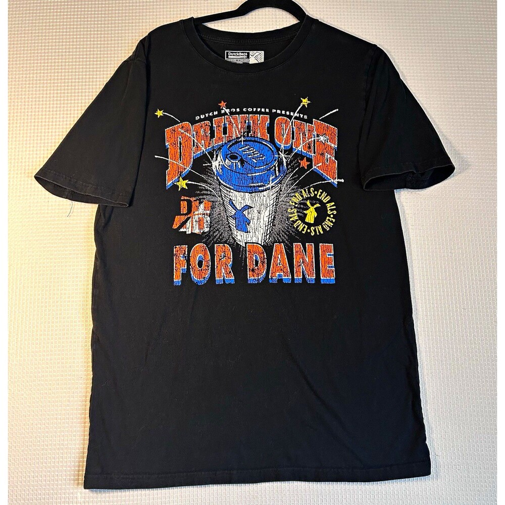 Dutch Bros Coffee Black Cotton Graphic Tee "Drink One For Dane" Men's L
